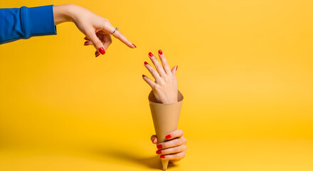 Trendy nail design and treatment concept with hands, red polish, cone cup, pointing finger on bright yellow background