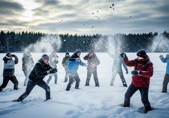 Group of people playing snowball fight outdoors in winter clothes on snowy field with forest background. Active winter leisure and friendship concept.
