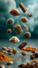 conceptual art of Indonesian spices levitating in mid-air as floating ingredients, surreal culinary magic, commercial gastronomy concept, 8k ultra detail 
