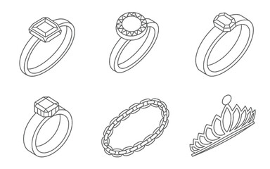 Isometric line art jewelry icons including rings and tiara crown bracelet