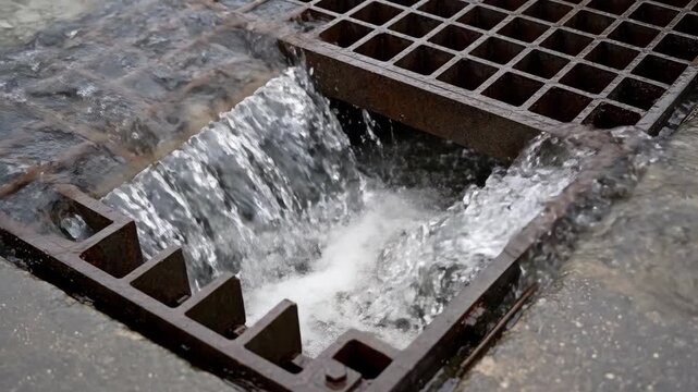 Rainwater runoff flowing into a storm drain on the street. Gushing water from a heavy downpour entering the city sewer system. Urban flood prevention concept
