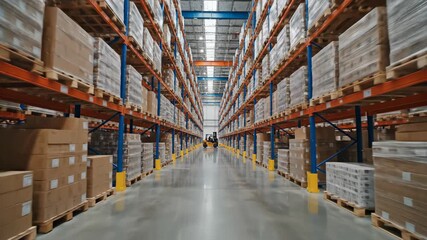 Vertical video moving through a large warehouse aisle with tall shelves. Stocked pallets of goods in a modern distribution center. Logistics and supply chain management concept - Powered by Adobe