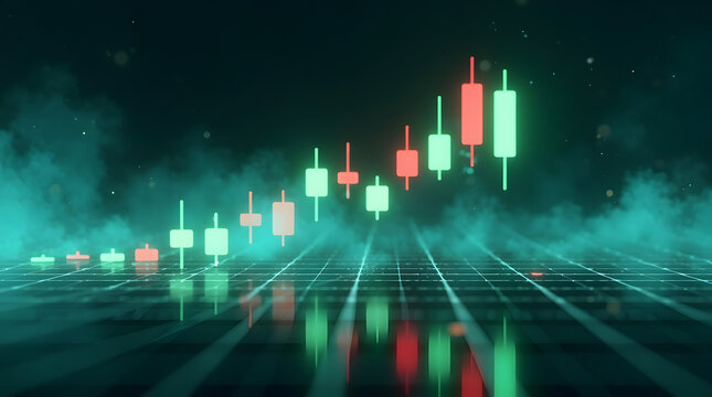 3D futuristic glowing candlestick chart in various color palettes on a dark reflective surface with cinematic lighting and depth. AI Generated.