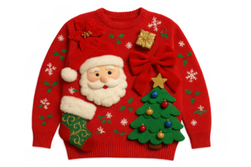 Red ugly christmas sweater displaying santa claus, christmas tree, and festive holiday decorations