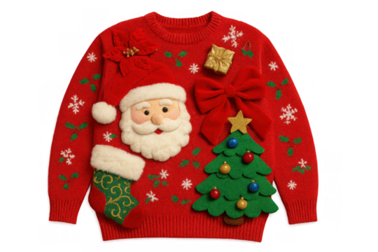 Red ugly christmas sweater displaying santa claus, christmas tree, and festive holiday decorations