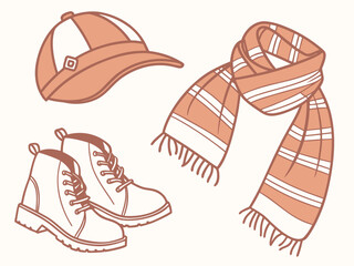 Hand-drawn illustration of essential fall and winter apparel a warm striped scarf, casual cap, and practical boots, perfect for seasonal fashion