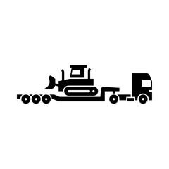 Fototapeta premium truck with lowboy trailer glyph icon. lowboy trailer illustration.