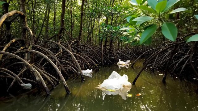 Plastic pollution in a mangrove forest with trash floating in the water. Environmental damage and contamination of a natural wetland ecosystem. Conservation crisis concept