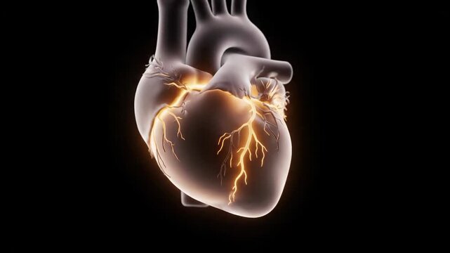 3D animation of a human heart beating with electrical impulses. Medical visualization of the cardiac conduction system. Cardiology and human anatomy concept