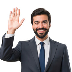 A smiling businessman with a beard wearing a suit and tie waves hello with his right hand isolated on transparent background