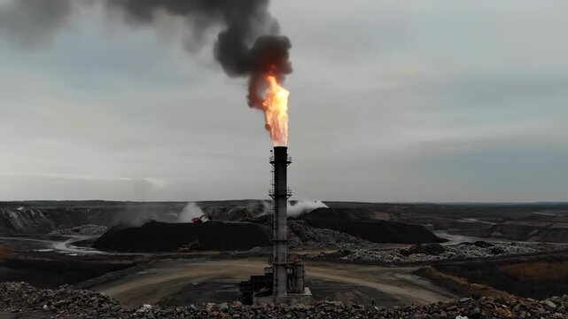 Vertical video of an industrial flare stack burning gas and emitting black smoke. Air pollution from a landfill representing climate change and fossil fuel consumption