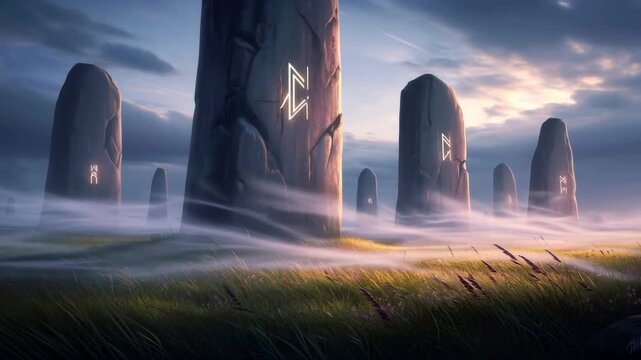 Ancient runic stones standing in a mysterious misty field at dusk, revealing secrets of an extinct civilization, historical footage.