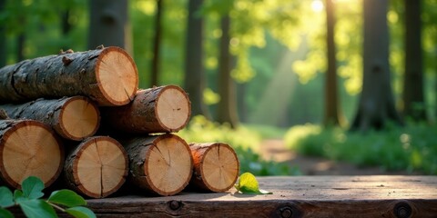 A stack of neatly arranged logs rests on a rustic wooden surface, bathed in the warm glow of sunlight filtering through a lush forest backdrop.