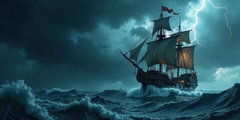 A majestic galleon braves a tempestuous sea under a stormy sky, lightning illuminating the waves and the ship's sails
