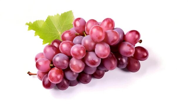 A cluster of red grapes isolated on white background, with a green leaf