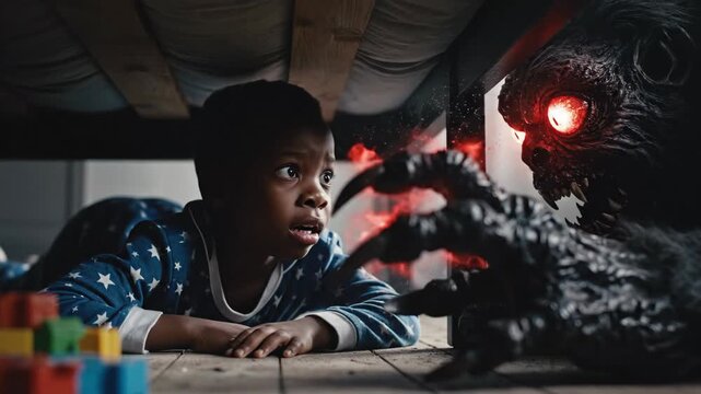 Scary monster with glowing red eyes emerges from under a bed to frighten a child. Horror concept of childhood nightmares and phobias. Spooky animation