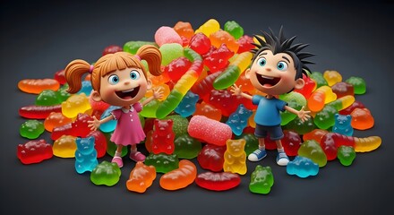 Naklejka premium gummy candy jelly sugar sweets pile with happy cartoon boy and girl kids 3d colorful