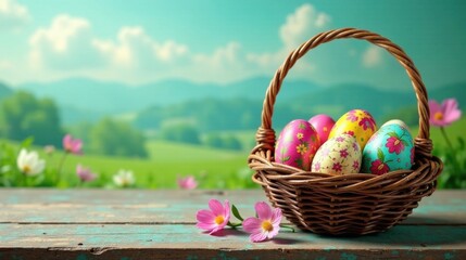 A wicker basket filled with vibrantly colored floral decorated eggs sits on a rustic wooden surface, overlooking a picturesque spring landscape