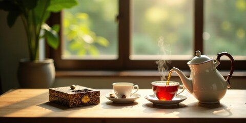 Warm Sunlight Illuminates a Serene Tea Ceremony with Steaming Brew Poured into Delicate Cups from an Elegant Teapot Beside an Ornate Box