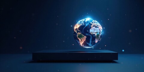 A luminous orb, representing our planet, hovers above a dark platform, symbolizing global connectivity and technological advancement.