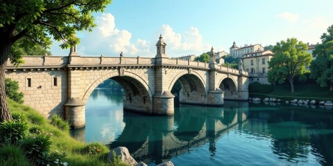 Fototapeta premium Serene Stone Arch Bridge Reflecting in Tranquil Waters Beside Lush Greenery and Historic Buildings