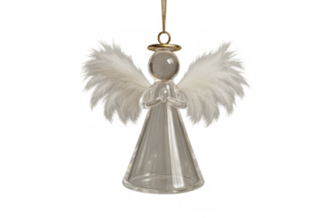 Glass angel christmas ornament with feather wings and gold halo hanging, symbolic of spirituality and peace