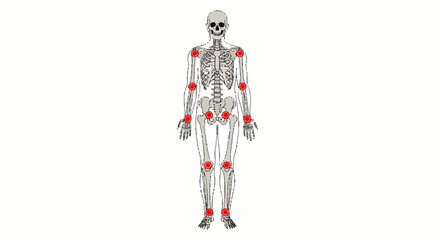 A detailed 2D illustration of a human skeleton with red markers on joints against a white background.