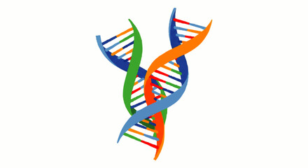 A colorful 2D illustration of intertwined DNA double helices in blue, green, orange on a white background.