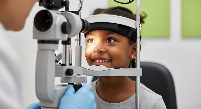 Young girl undergoes eye examination child ophthalmologist