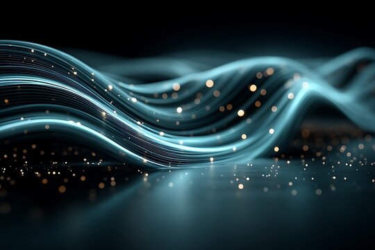 Abstract flowing luminous turquoise waves with sparkling light particles on a dark reflective surface representing digital data streams and futuristic technology concepts