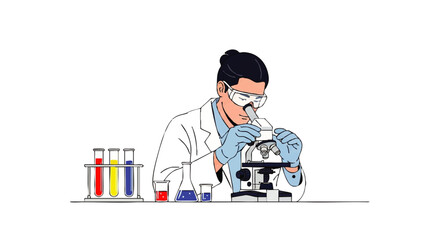 A scientist in a white lab coat examines a specimen with a microscope on a white background, surrounded by colorful test tubes and laboratory equipment in a 2D illustration.