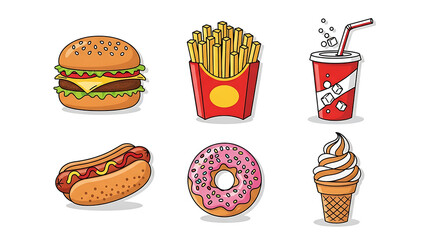 Cartoon Fast Food Collection: Burger Fries Soda Hot Dog Donut Ice Cream.