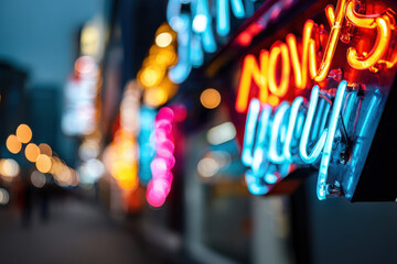 Abstract blurred neon signs in a futuristic urban landscape