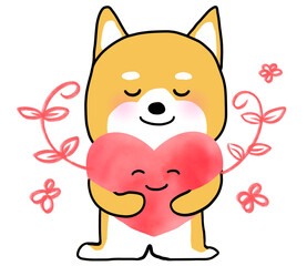 芽が伸びるピンクのハートを抱きしめるしばいぬ
