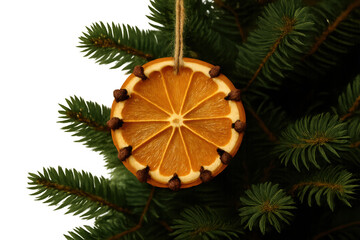 Dried orange christmas ornament with cloves hanging on fir tree branch, natural homemade holiday decoration