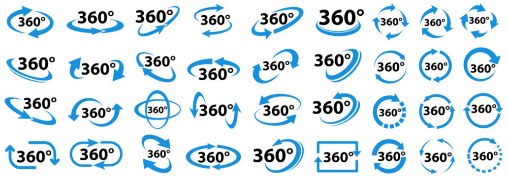 set vector 360 degrees view arrows icon. 360 round sign 360 rotate symbol design illustration
