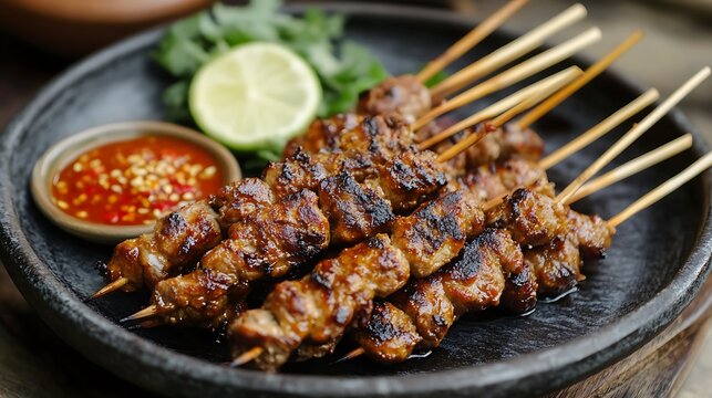 Serving plate of sate dating kubing or goat meat satay