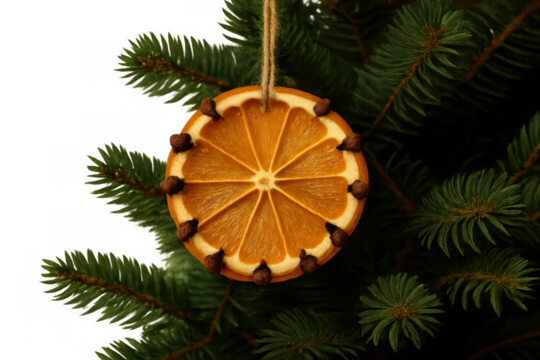 Dried orange christmas ornament with cloves hanging on fir tree branch, natural homemade holiday decoration
