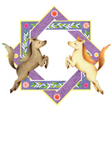 白馬と黒馬の紋章風の2026年の年賀状　白背景　手描き色鉛筆画