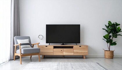 TV Mockup on Wooden Media Console in Minimalist Living Room