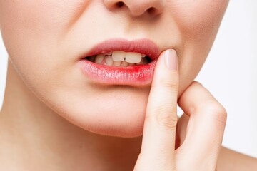 Obraz premium Woman with dry, chapped, cracked lips showing pain and irritation from dehydration or sensitive skin, close up studio shot