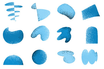a collection of twelve abstract blue shapes with a textured, almost watery, surface against a transparent background. labels, logos. Decorative design elements, vector illustration.