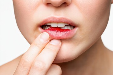 Obraz premium Woman touching her red, sore lower lip, experiencing pain from herpes or a similar oral health issue