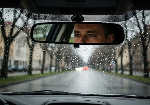Man driving car rainy day interior windshield
