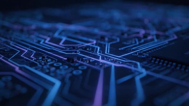 Vibrant blue and purple glowing lines illuminate a dark, complex circuit board layout