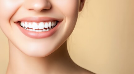 Obraz premium Woman smiling widely, showcasing perfectly aligned white teeth and healthy gums. Representing dental health and happiness