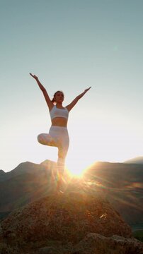 Woman Practicing Yoga Tree Pose On Mountain Peak At Sunrise Finding Balance Harmony And Mindfulness In Nature Spiritual Awakening Calm Energy Freedom Wellness Meditation Serenity Concept