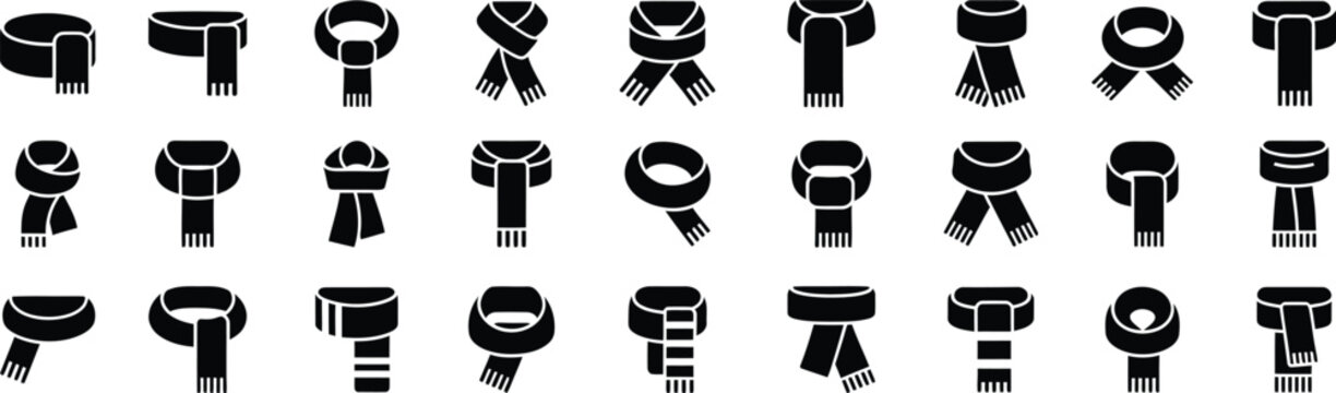 Collection of 30 black and white icons representing different scarf knots ties and neckwear styles in a grid layout for fashion and accessory design projects vector christmas