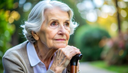 Pensive senior woman with grey hair keeping hand on handle of walking cane.