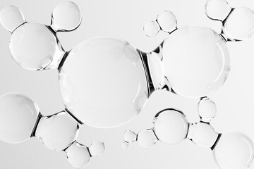 Transparent 3D molecules, liquid water drops, bubbles. Cosmetic products for skin care, hyaluronic....
